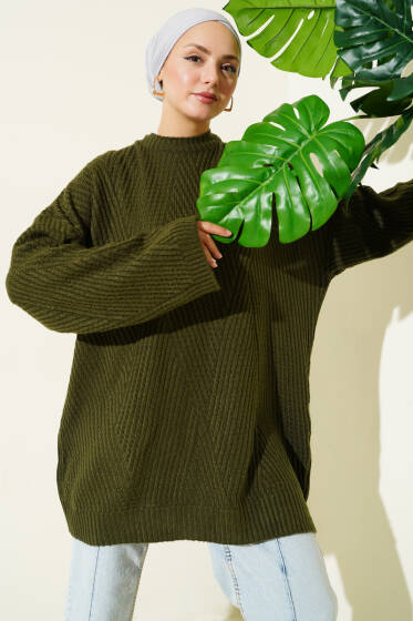 Çizgi Kabartmalı Triko Tunik Haki - Tunik