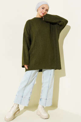 Çizgi Kabartmalı Triko Tunik Haki - Tunik