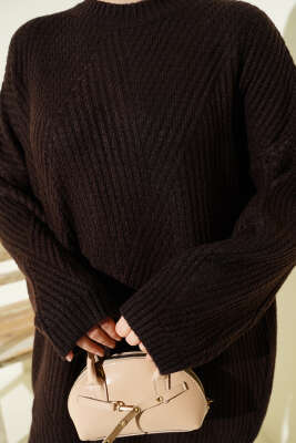 Çizgi Kabartmalı Triko Tunik Kahve - Tunik