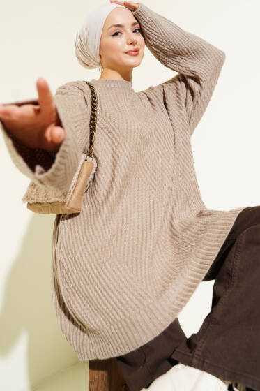 Çizgi Kabartmalı Triko Tunik Vizon - Tunik