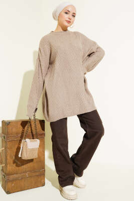 Çizgi Kabartmalı Triko Tunik Vizon - Tunik