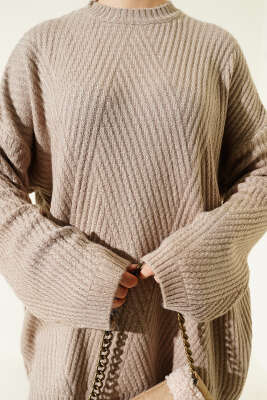 Çizgi Kabartmalı Triko Tunik Vizon - Tunik