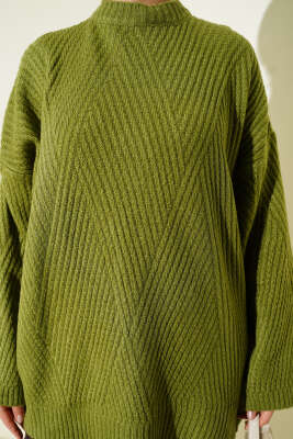 Çizgi Kabartmalı Triko Tunik Yeşil - Tunik