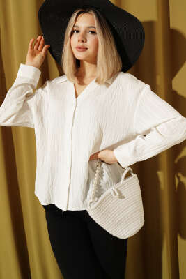 Çizgi Kabartmalı V Yaka Gömlek Beyaz - Kadın Giyim Modelleri