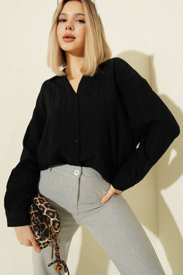 Çizgi Kabartmalı V Yaka Gömlek Siyah - Kadın Giyim Modelleri