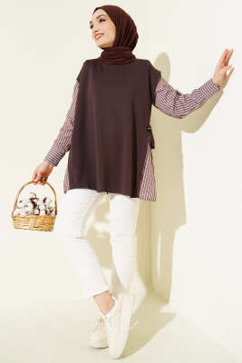 Çizgi Kol Garnili Loyşa Tunik Kahve - Tunik
