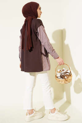 Çizgi Kol Garnili Loyşa Tunik Kahve - Tunik
