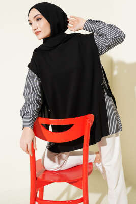Çizgi Kol Garnili Loyşa Tunik Siyah 