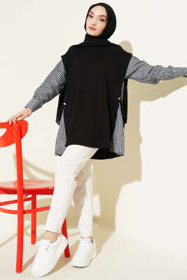 Çizgi Kol Garnili Loyşa Tunik Siyah - Tunik