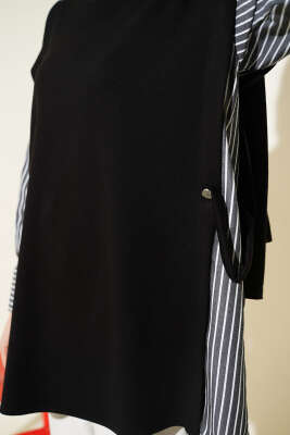 Çizgi Kol Garnili Loyşa Tunik Siyah - Tunik