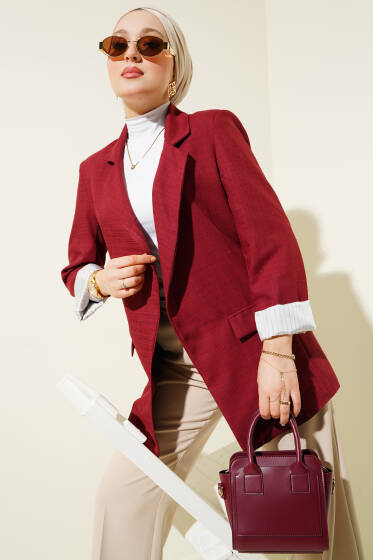 Çizgi Manşetli Keten Blazer Ceket Bordo - Ceket