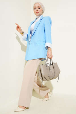 Çizgi Manşetli Keten Blazer Ceket Mavi - 700-1000 TL Ürünler