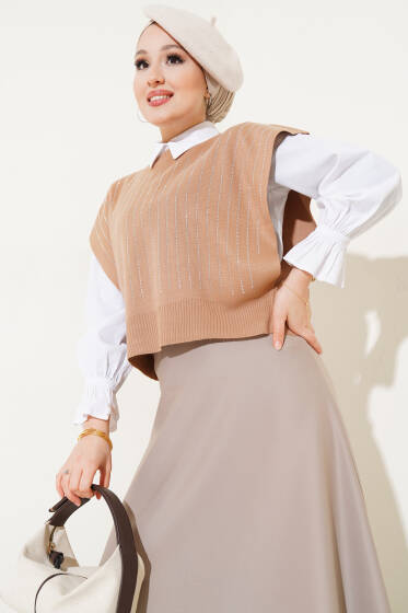 Çizgi Taşlı Kısa Triko Süveter Büsküvi - Triko