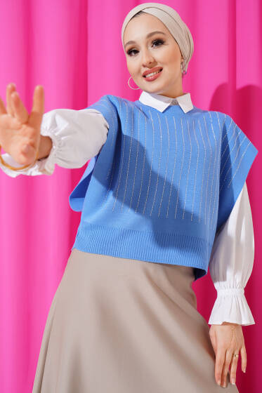 Çizgi Taşlı Kısa Triko Süveter İndigo - Triko