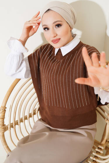 Çizgi Taşlı Kısa Triko Süveter Kahve - Triko