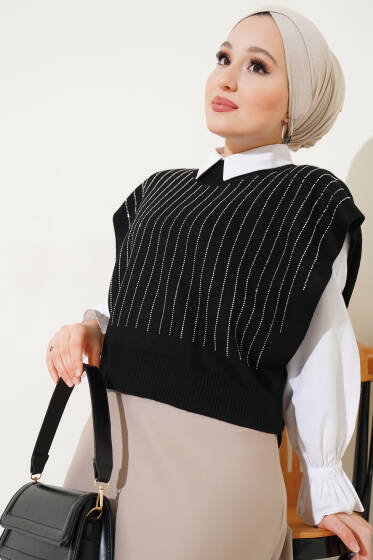 Çizgi Taşlı Kısa Triko Süveter Siyah - Triko