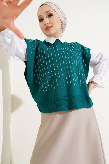 Çizgi Taşlı Kısa Triko Süveter Zümrüt - Triko
