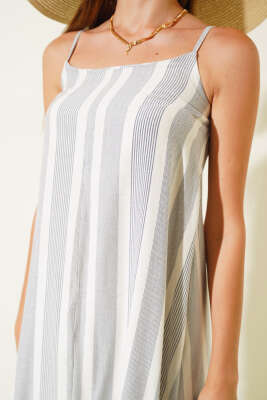 Çizgili Askılı Elbise Lacivert - Kadın Giyim Modelleri