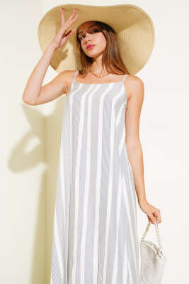 Çizgili Askılı Elbise Lacivert - Kadın Giyim Modelleri