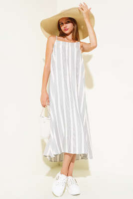 Çizgili Askılı Elbise Lacivert - Kadın Giyim Modelleri