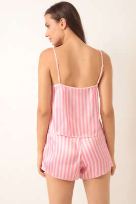 Çizgili Askılı Saten Pijama Takımı Pembe - Kadın Pijama Takımı