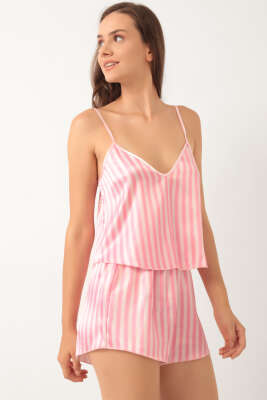 Çizgili Askılı Saten Pijama Takımı Pembe - Kadın Pijama Takımı