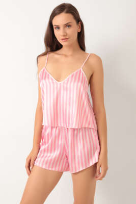 Çizgili Askılı Saten Pijama Takımı Pembe - LOVE SECRET