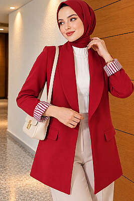 Çizgili Astarlı Basic Blazer Ceket Bordo - HELLIE
