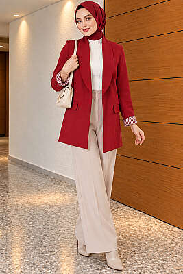 Çizgili Astarlı Basic Blazer Ceket Bordo - Yeni Sezon Kadın Ceket