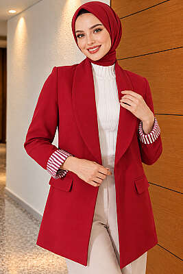Çizgili Astarlı Basic Blazer Ceket Bordo - Yeni Sezon Kadın Ceket