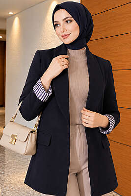 Çizgili Astarlı Basic Blazer Ceket Lacivert - HELLIE