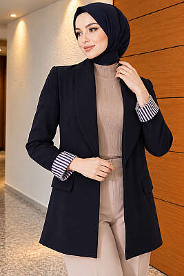 Çizgili Astarlı Basic Blazer Ceket Lacivert - Yeni Sezon Kadın Ceket