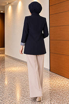Çizgili Astarlı Basic Blazer Ceket Lacivert - Yeni Sezon Kadın Ceket