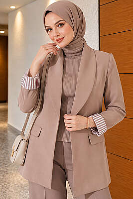 Çizgili Astarlı Basic Blazer Ceket Vizon - HELLIE