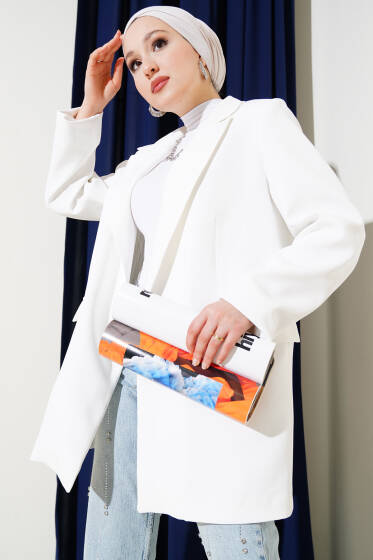 Çizgili Astarlı Blazer Ceket Ekru - Ceket