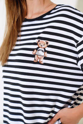 Çizgili Ayıcık Baskılı T-shirt Siyah - Kadın Giyim Modelleri