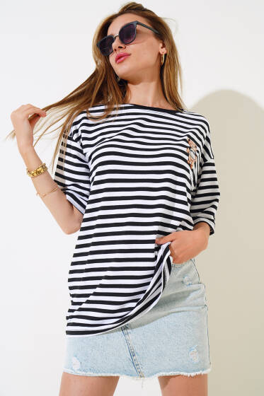 Çizgili Ayıcık Baskılı T-shirt Siyah - Yeni Giyim