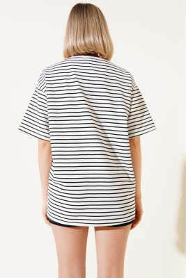 Çizgili Ayıcık Nakışlı T-shirt Siyah - Kadın Giyim Modelleri