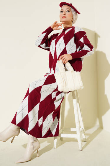 Çizgili Baklava Desenli Triko Elbise Bordo - Elbise