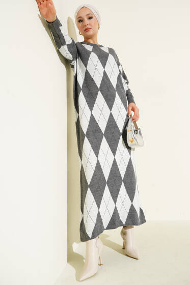 Çizgili Baklava Desenli Triko Elbise Füme - Elbise