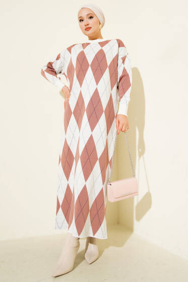 Çizgili Baklava Desenli Triko Elbise Gül Kurusu - Elbise