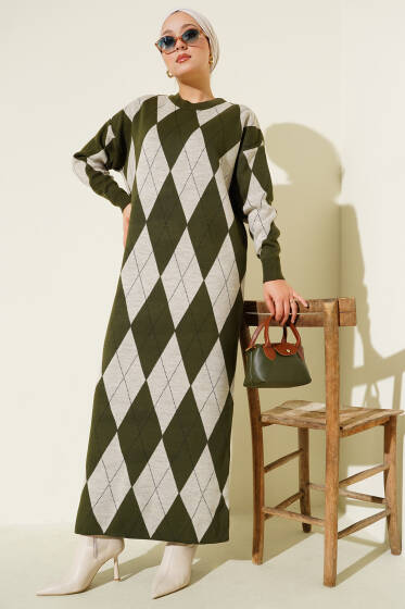 Çizgili Baklava Desenli Triko Elbise Haki - Elbise