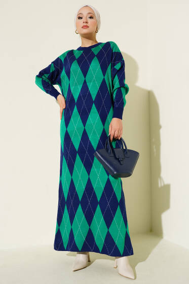 Çizgili Baklava Desenli Triko Elbise Lacivert - Elbise