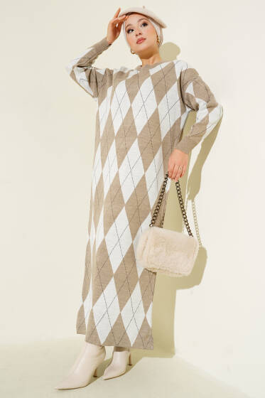 Çizgili Baklava Desenli Triko Elbise Taş - Elbise