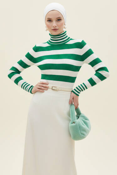 Çizgili Balıkçı Yaka Detaylı Triko Kazak Benetton - Triko Kazak