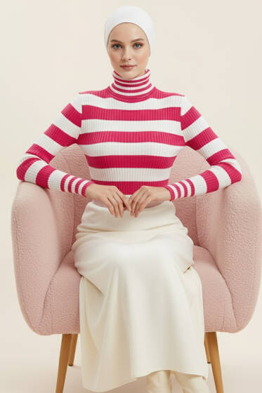 Çizgili Balıkçı Yaka Detaylı Triko Kazak Fusya - Triko Kazak