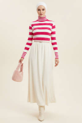 Çizgili Balıkçı Yaka Detaylı Triko Kazak Fusya - Yılın Fırsatı