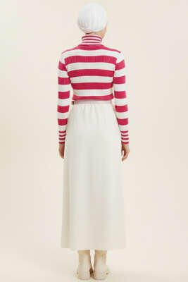 Çizgili Balıkçı Yaka Detaylı Triko Kazak Fusya - Yılın Fırsatı