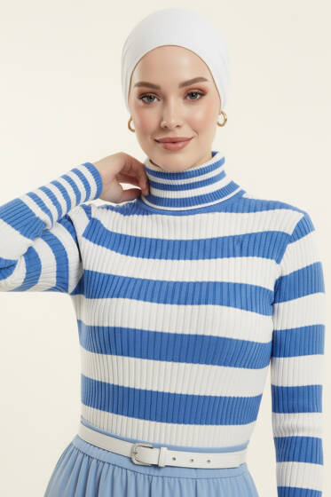Çizgili Balıkçı Yaka Detaylı Triko Kazak Mavi - Triko Kazak