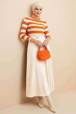 Çizgili Balıkçı Yaka Detaylı Triko Kazak Oranj - Yılın Fırsatı